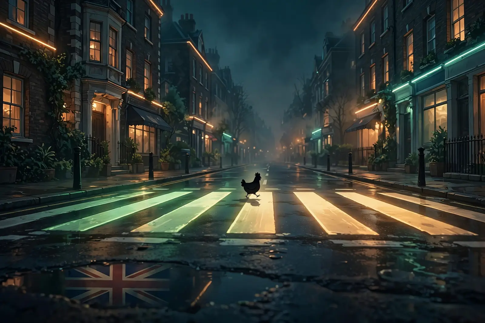 Neon-lit road at night with a chicken crossing a glowing crosswalk, UK casino theme.