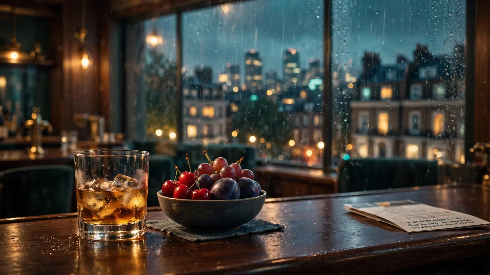 London bar scene with clustered fruit symbols and whisky glass, warm evening atmosphere