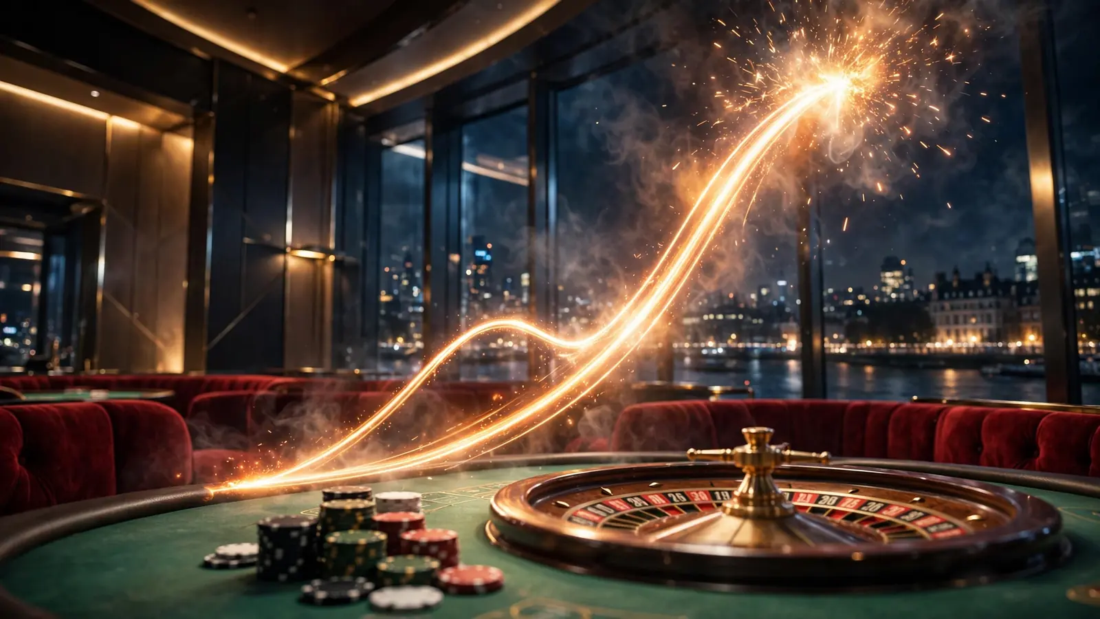 Modern London casino interior with glowing ascending curve and chips on table
