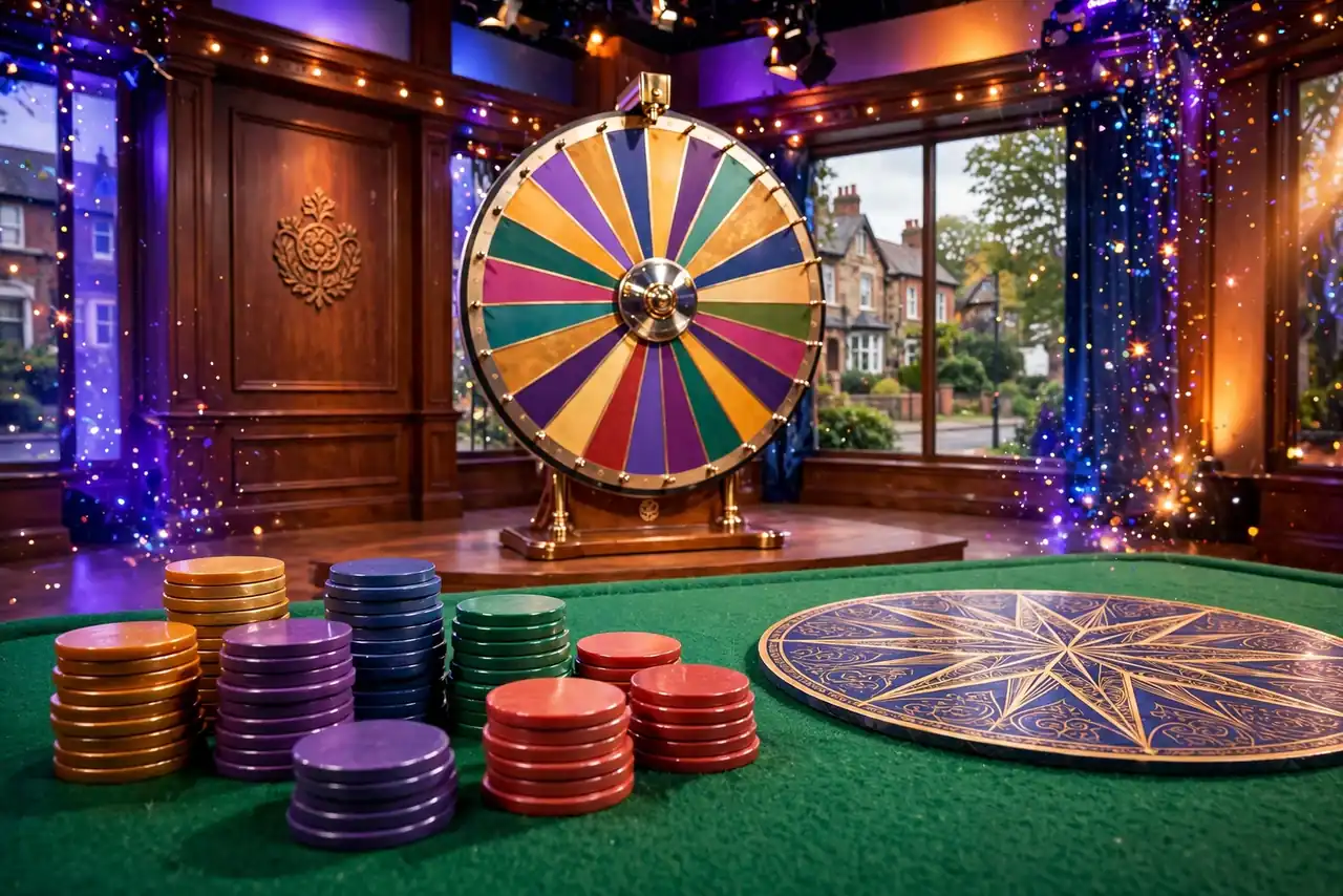 Glamorous live casino game show set with colorful money wheel and UK flair
