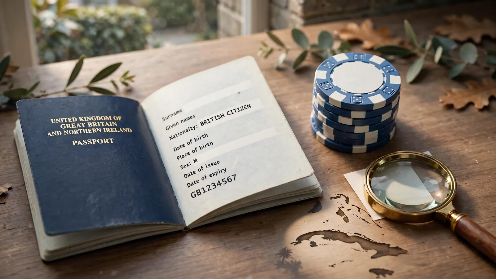 British passport with casino chips and magnifying glass representing cross-border gambling licensing.