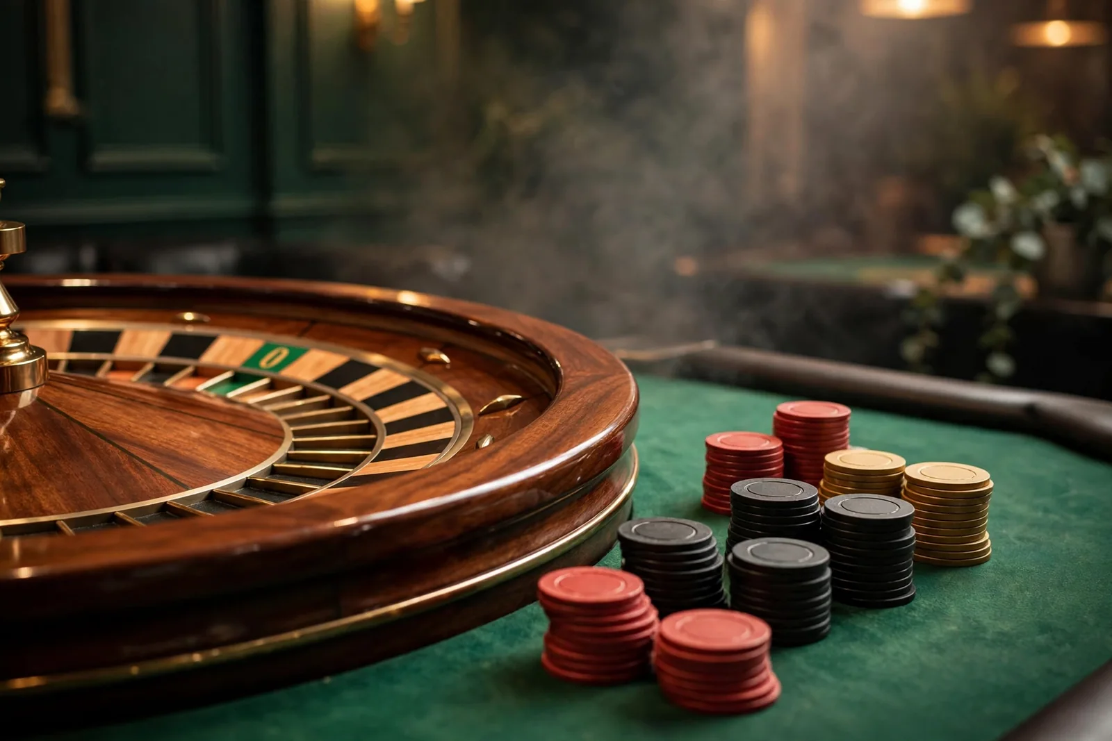 Close-up of a European roulette wheel with chips on a green casino table