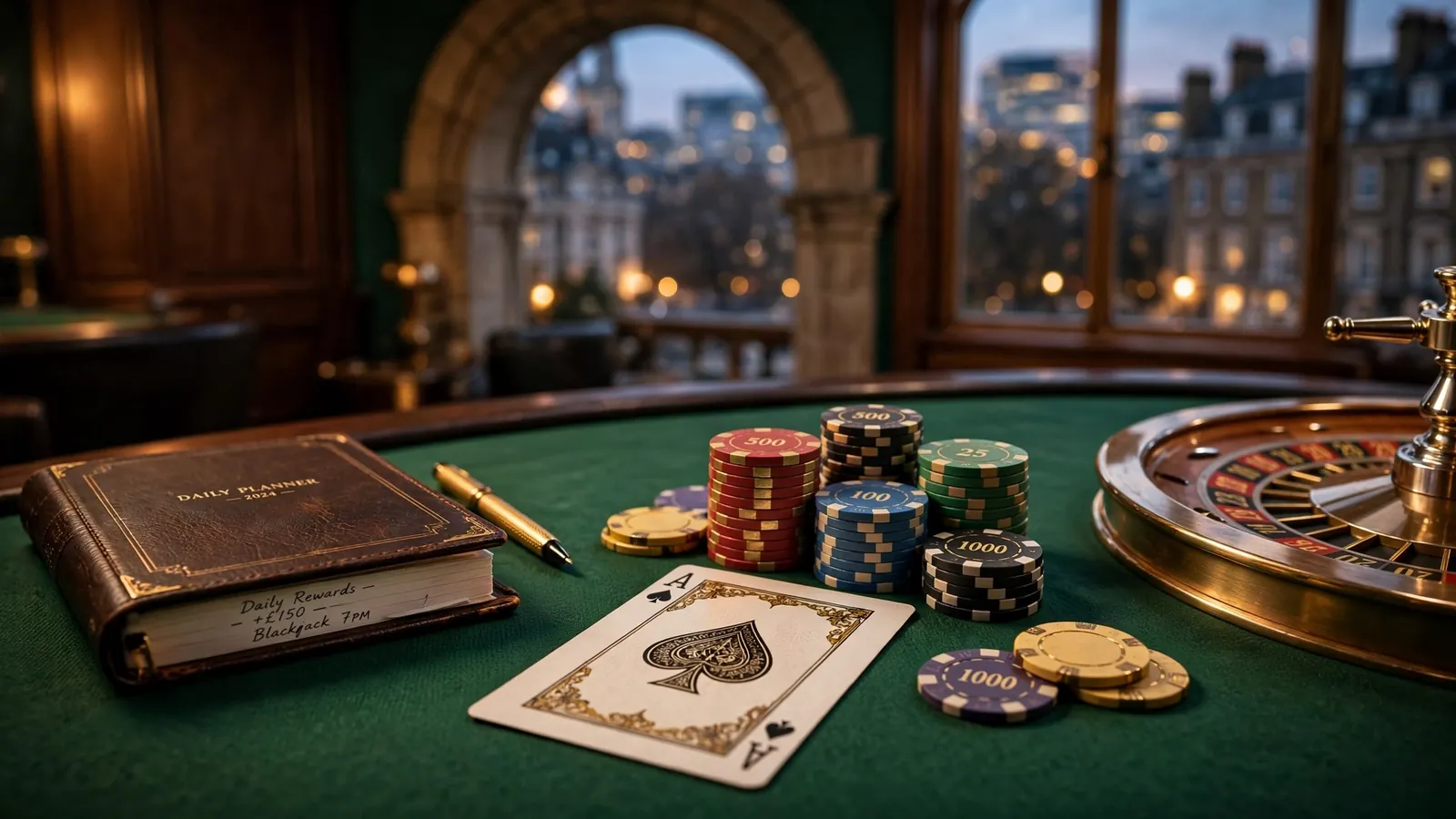 British casino lounge still-life with chips, playing card, roulette wheel, and daily planner on baize table