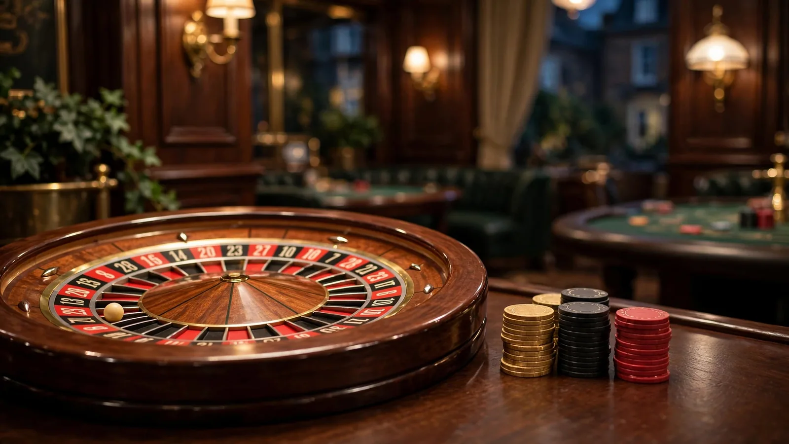 Elegant French roulette wheel with casino chips on a wooden table in a luxurious European gaming room.