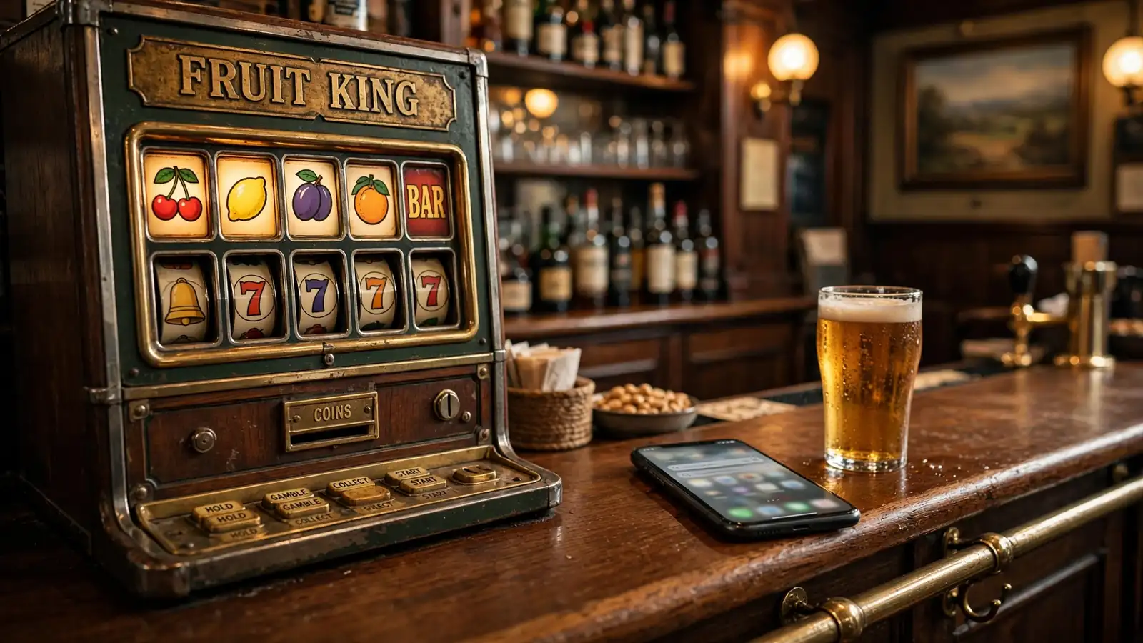 Vintage British pub fruit machine next to a modern smartphone on the bar