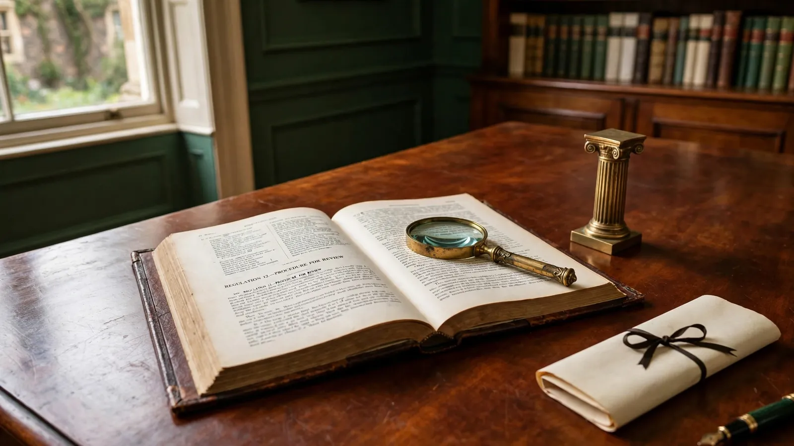 Regulatory codex and magnifying glass on a polished wooden desk in a traditional office