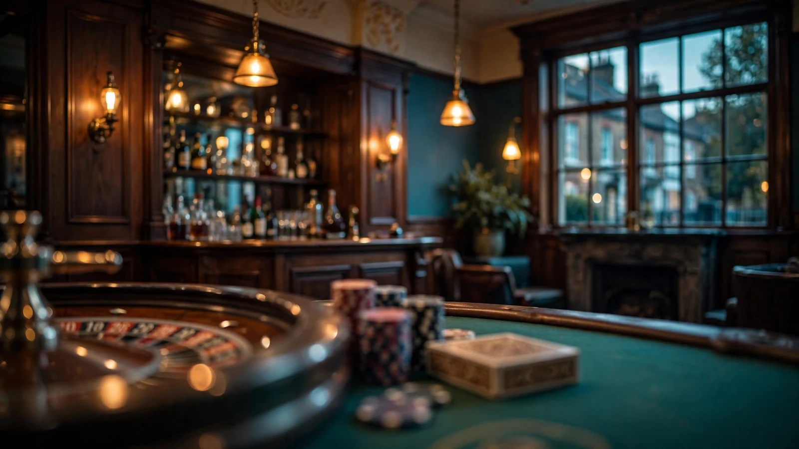 Moody British casino lounge with roulette wheel and chips on felt table