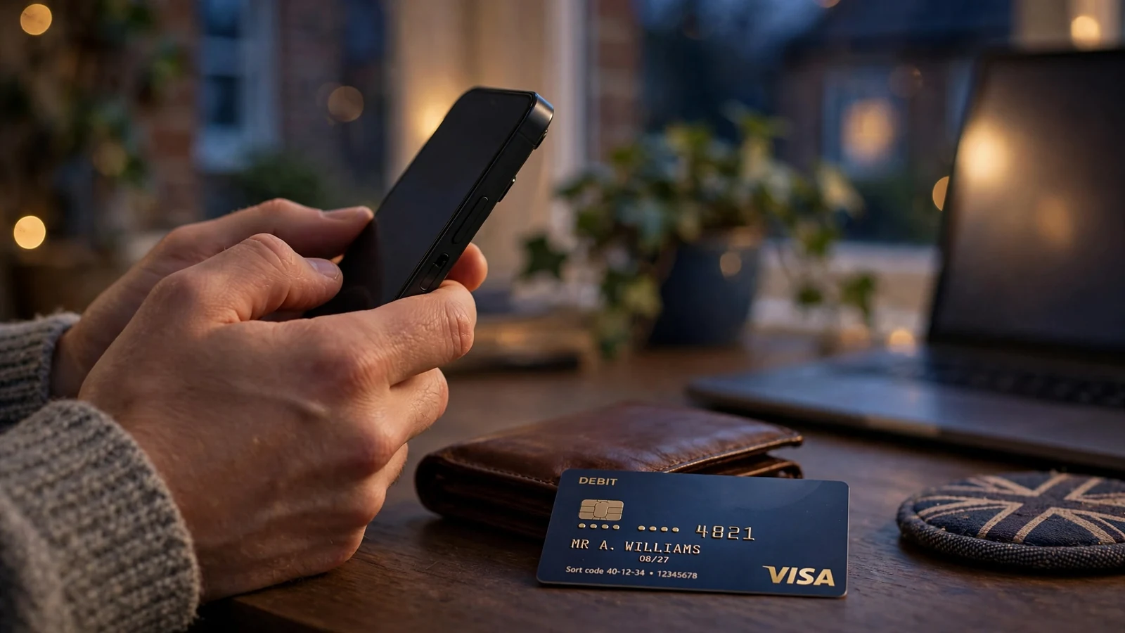 Hands holding a smartphone with a UK debit card on a desk