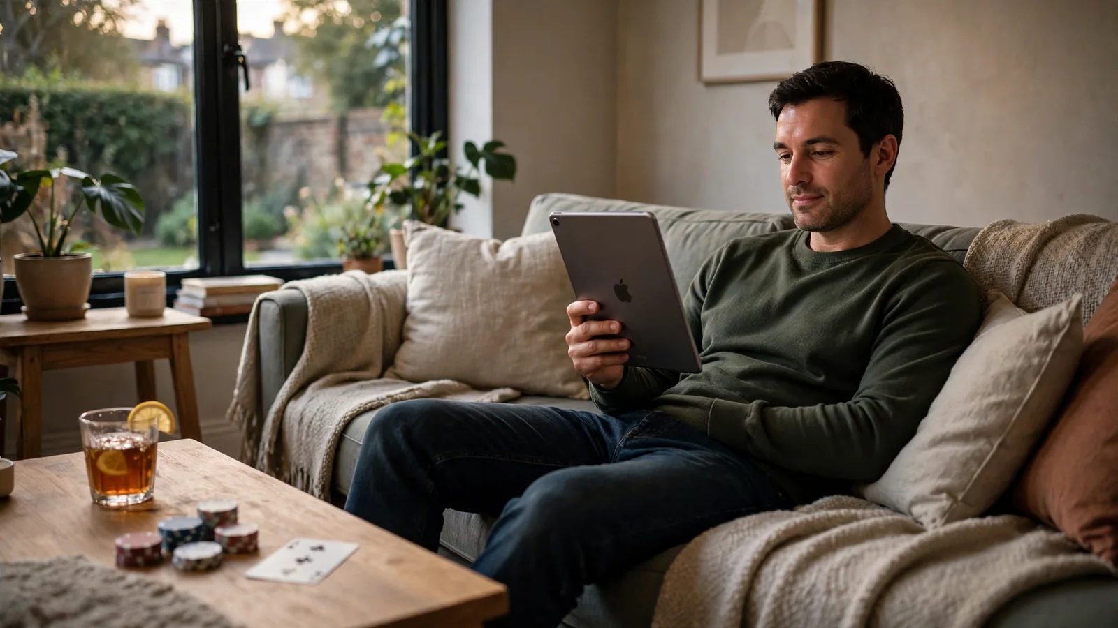 Person holding an iPad with screen turned away in a cozy British living room