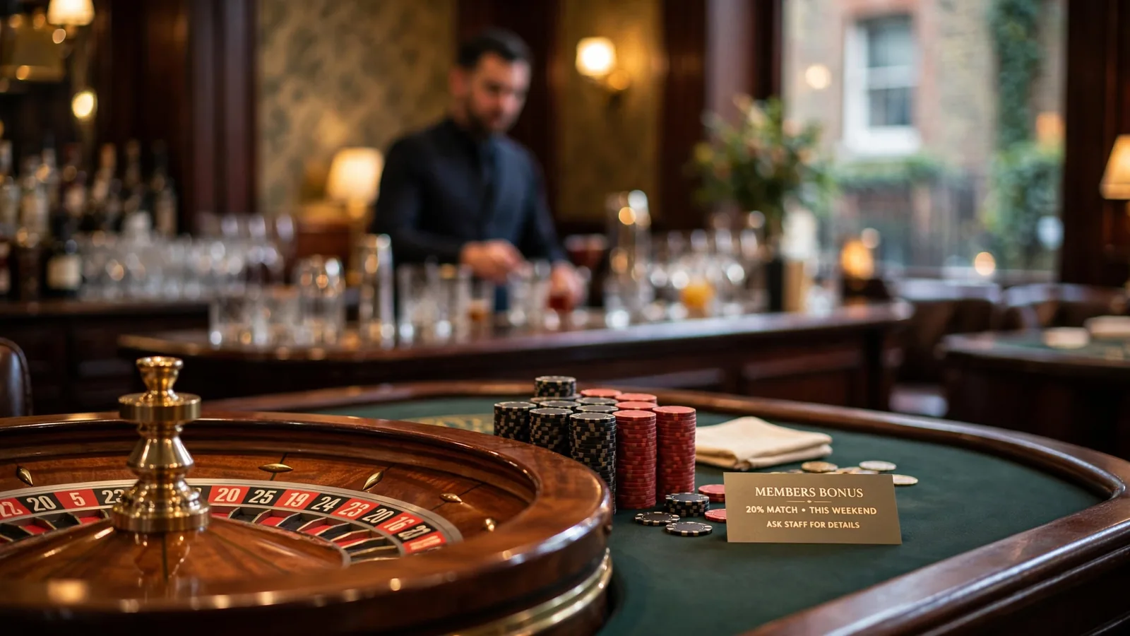 Casino table featuring chips and a roulette wheel in a London club setting