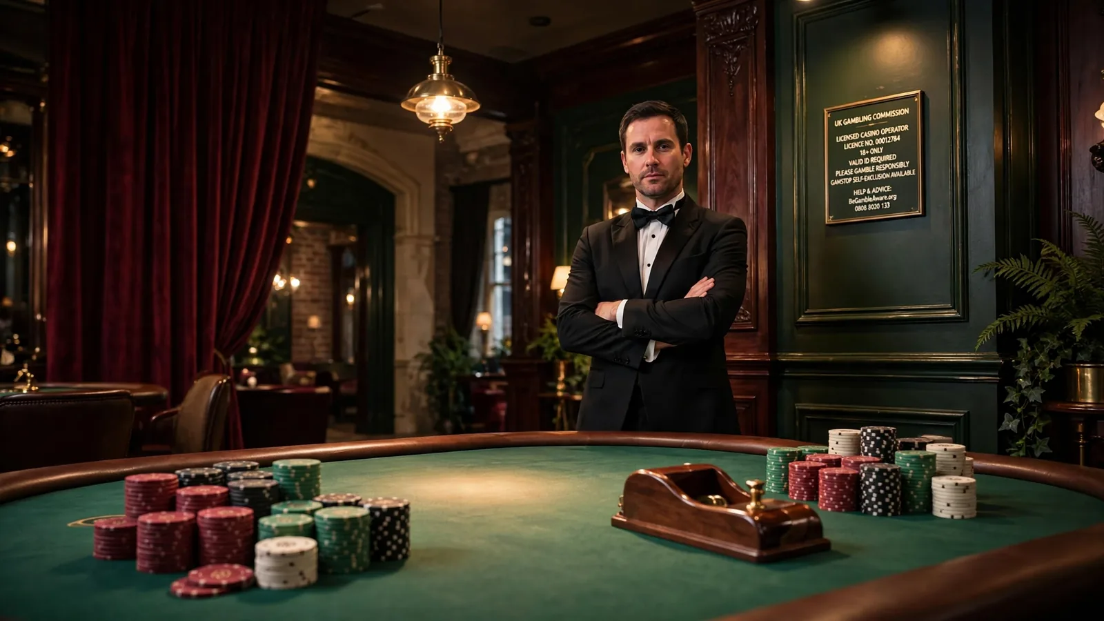Elegant live baccarat studio table with chips and a croupier