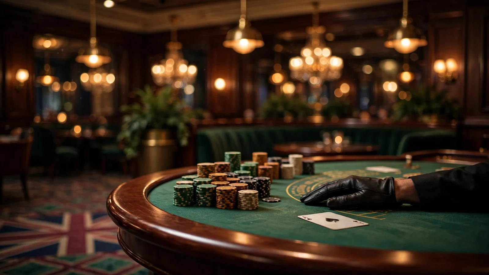 Elegant UK casino blackjack table with chips under warm lighting