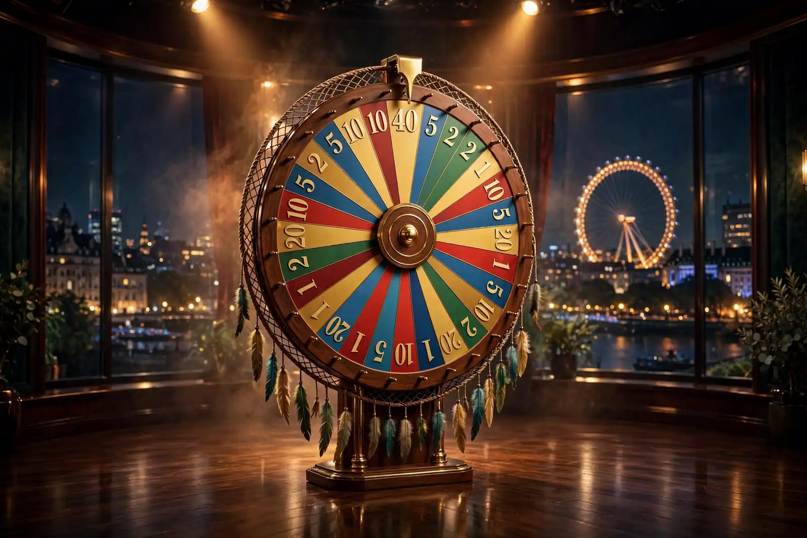Dream Catcher money wheel in a premium live casino studio with a nighttime London skyline visible through a curved window.