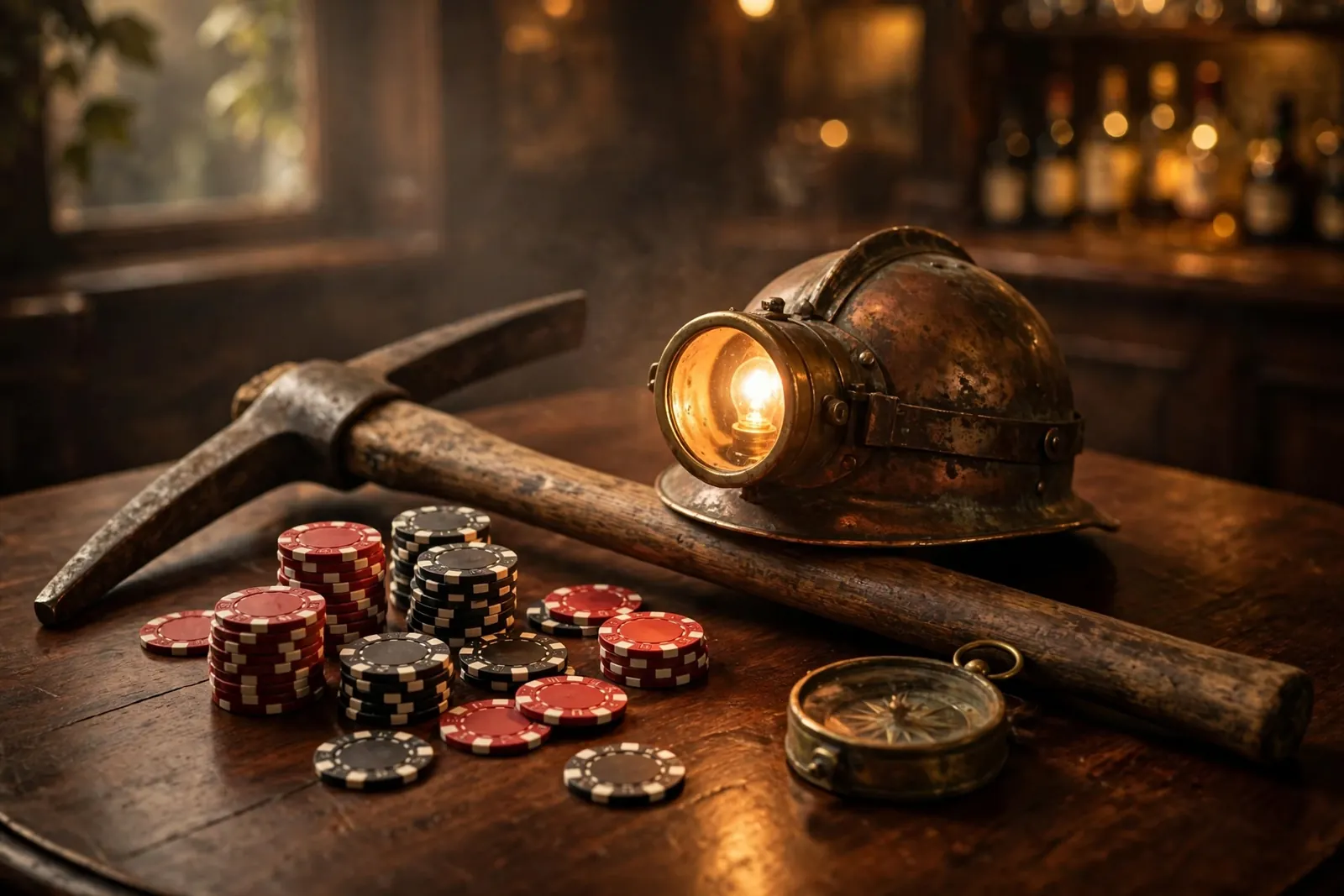 Casino chips and vintage mining helmet on a wooden table