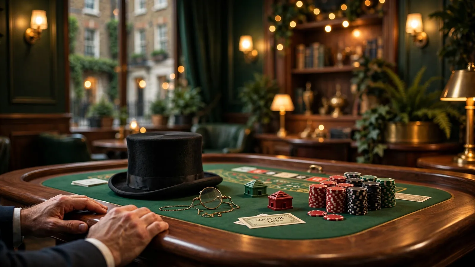 British live casino studio with a roulette table and Monopoly-themed accessories