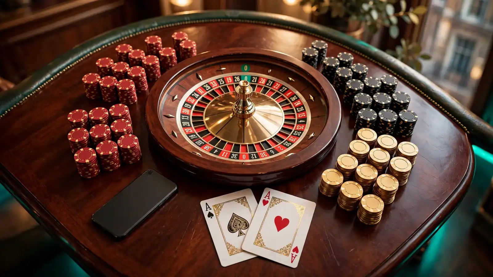 Overhead view of roulette wheel, casino chips and cards on dark table with face-down smartphone