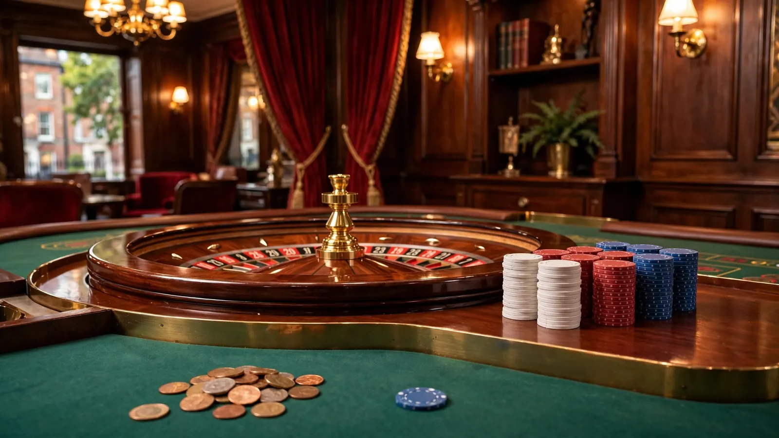Elegant UK casino interior with roulette table, colorful chips and loose coins