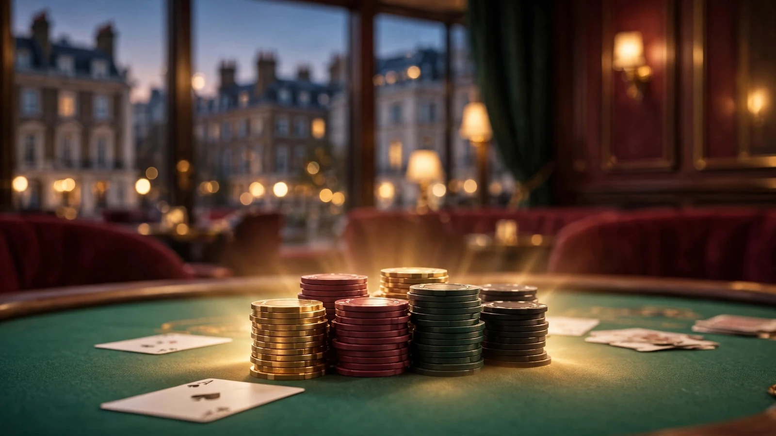 Stacked casino chips glowing softly on green felt in an elegant British gaming lounge