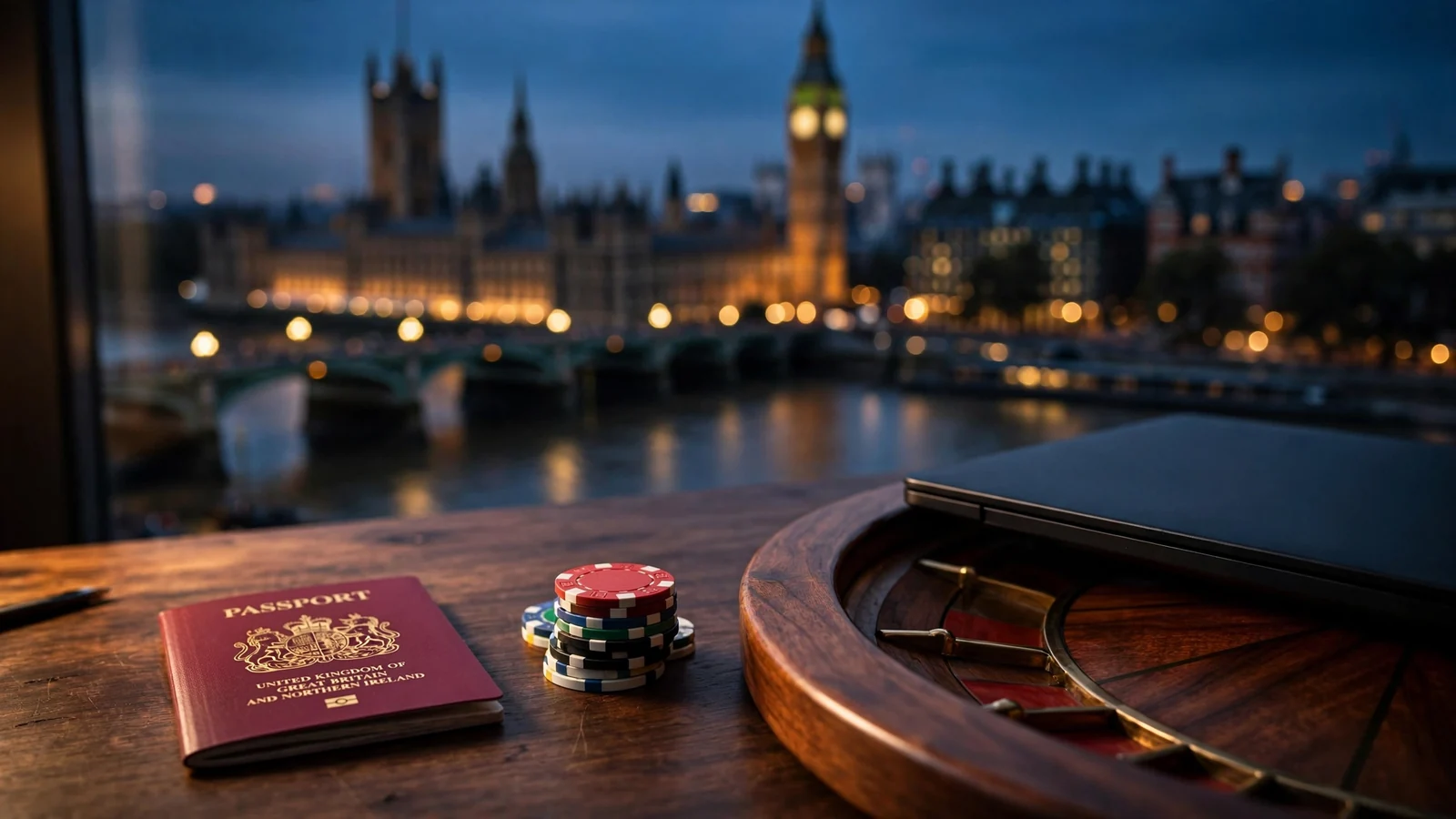 London skyline at dusk with a British passport, casino chips and a closed laptop on a desk.