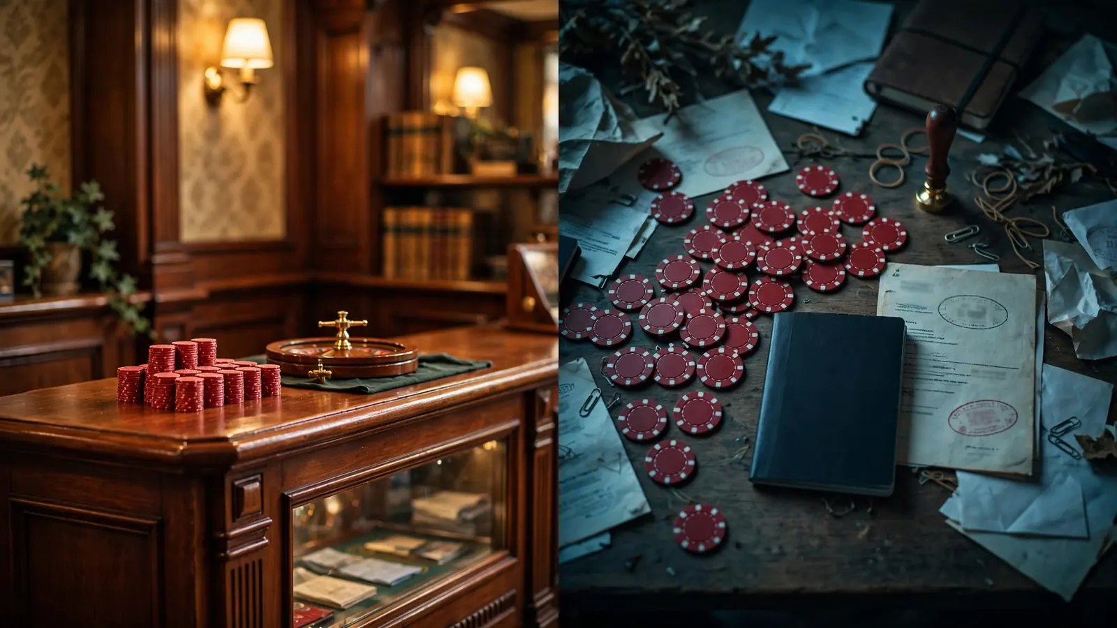 Split scene contrasting a traditional British betting shop with an offshore gambling desk.