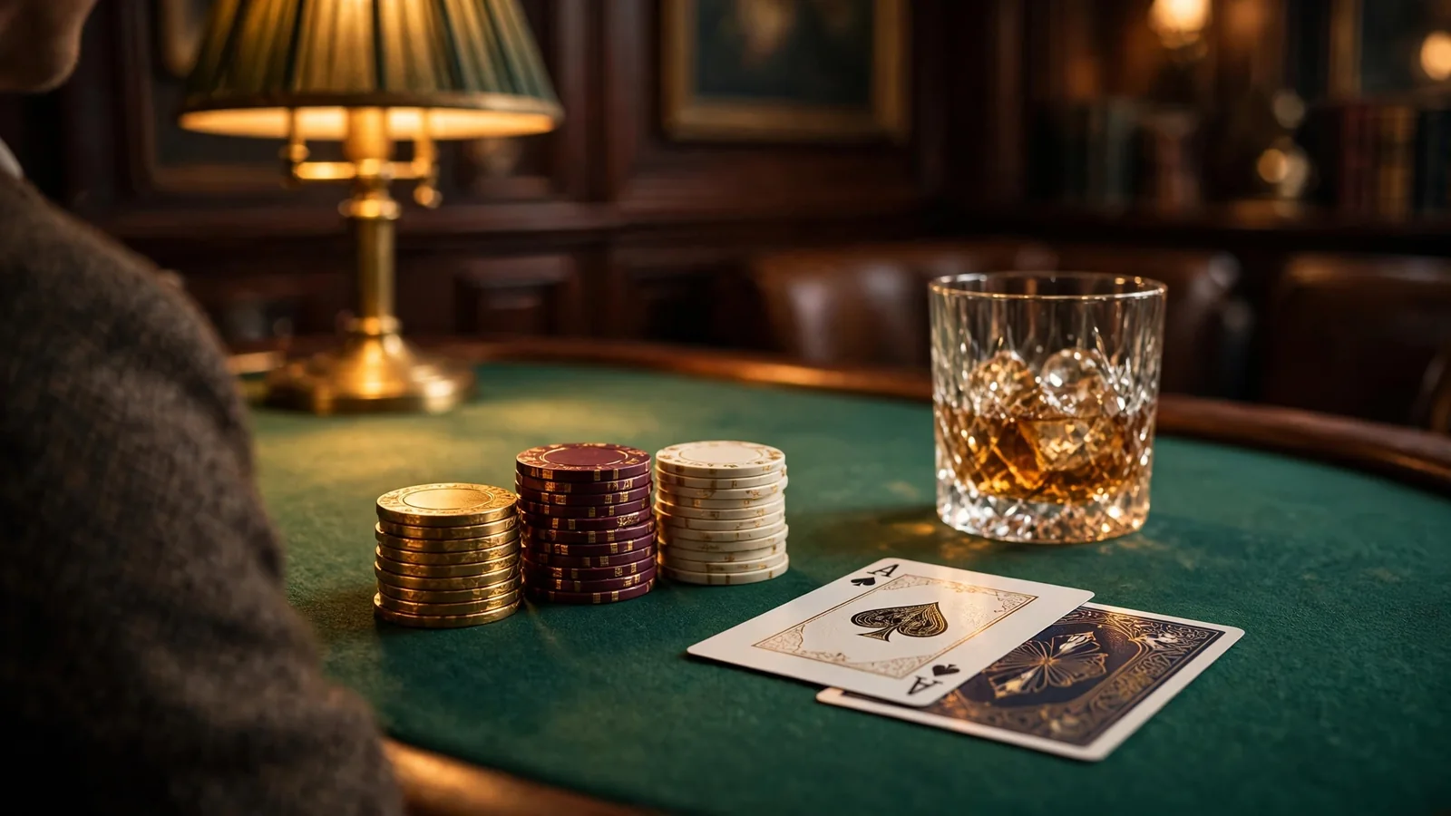 Stacked casino chips and playing cards on green felt in an elegant lounge