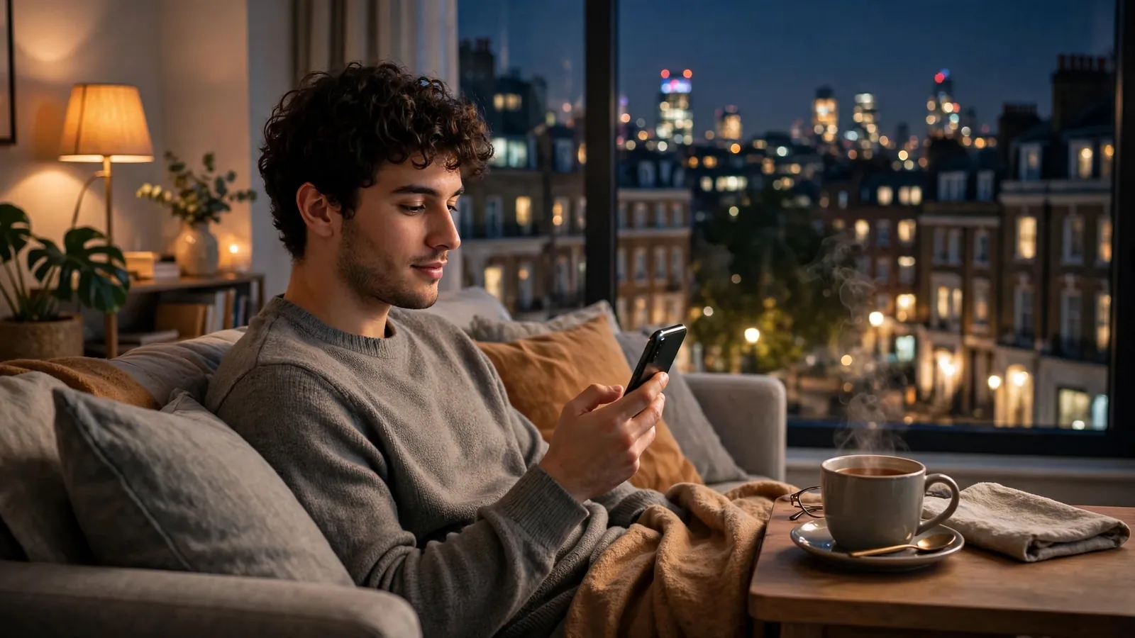 Person relaxing with smartphone in a London flat at night, suggesting easy online access