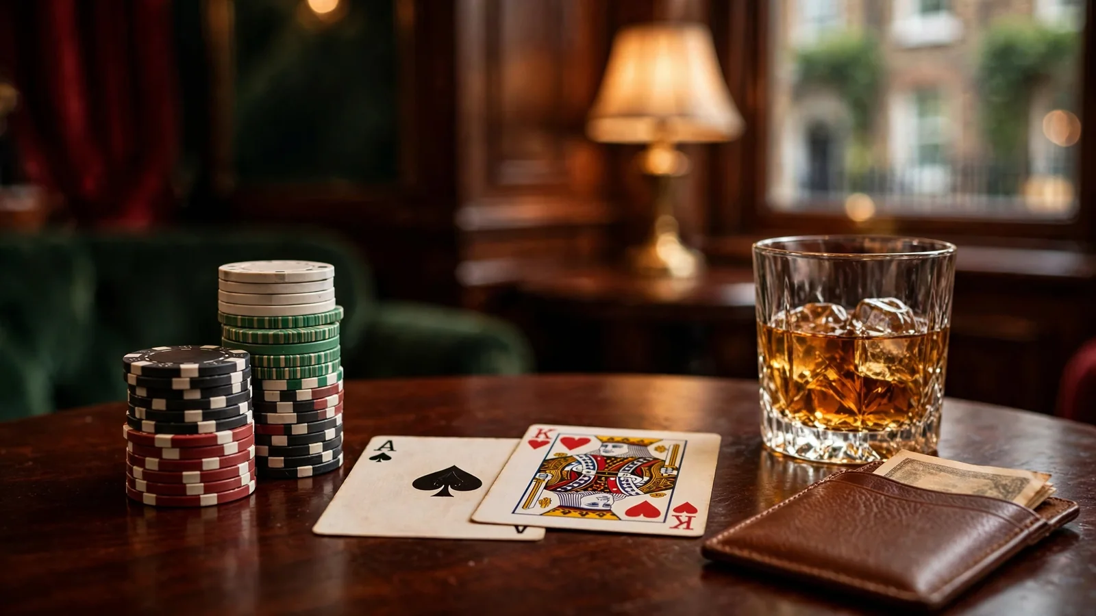 Casino chips, playing cards, and a fifty-pound note on a dark mahogany table in a British club setting.