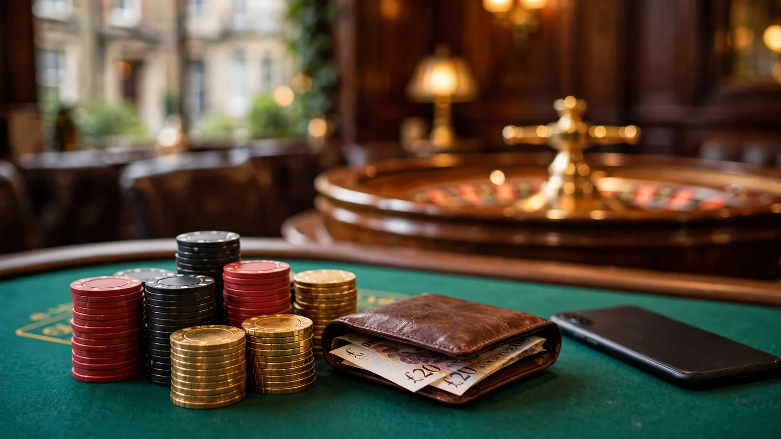 Casino chips, wallet with British pounds and face-down smartphone on a green felt table near a roulette wheel.