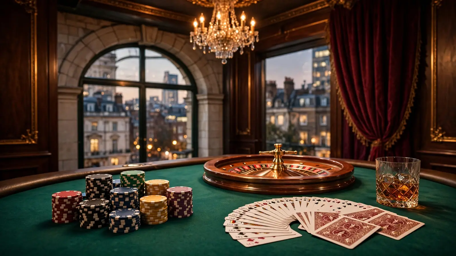 Elegant casino table with chips, roulette wheel and cards in a London club setting.