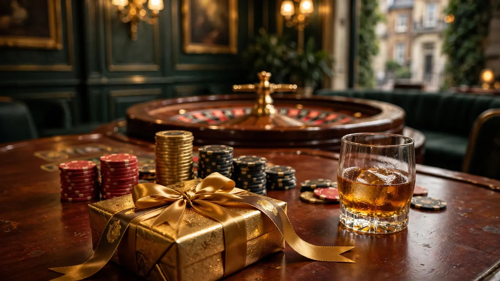 Casino chips, roulette wheel, and a golden gift box on a polished table