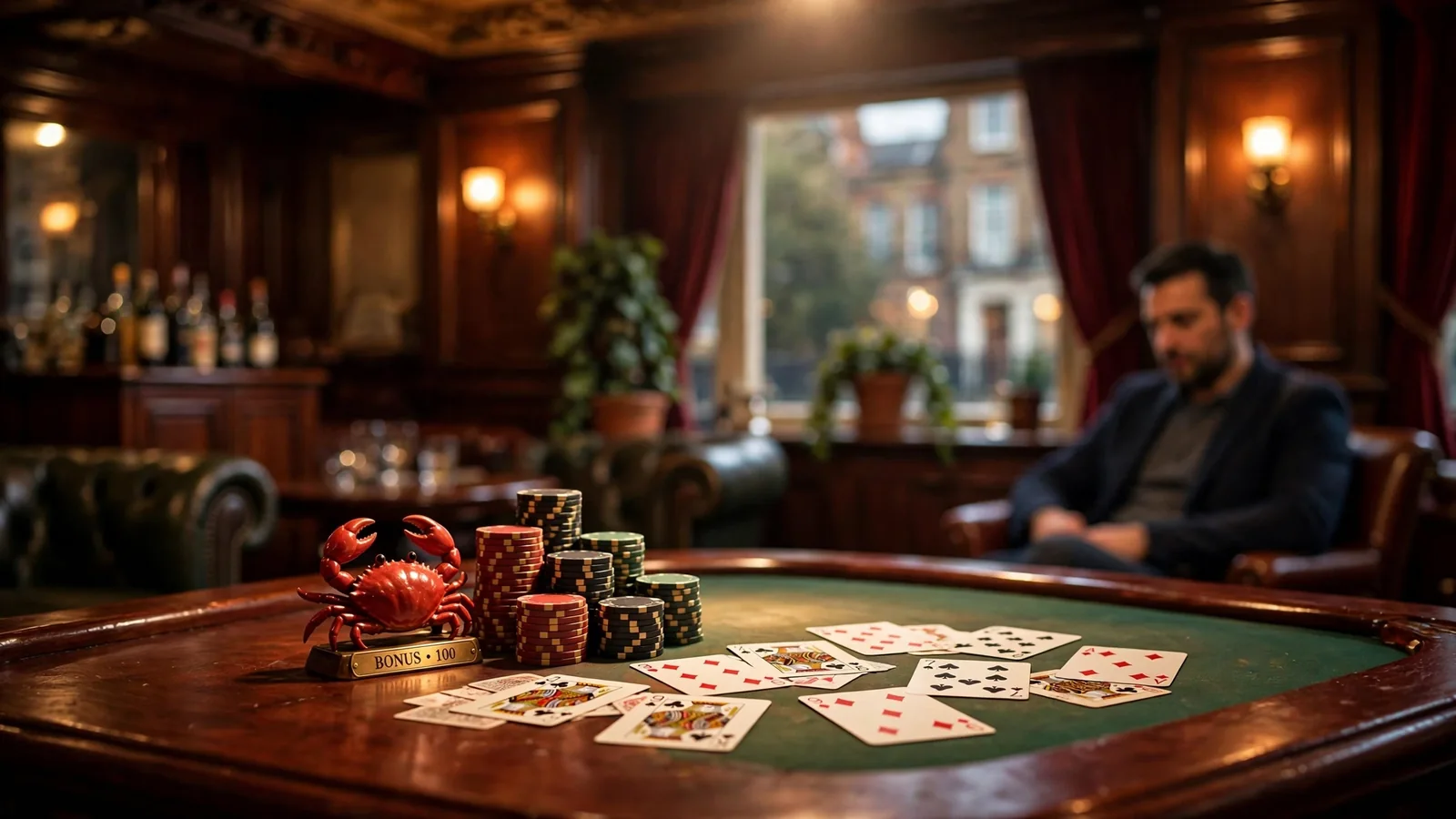 Atmospheric British casino lounge with a decorative crab bonus mascot on a card table
