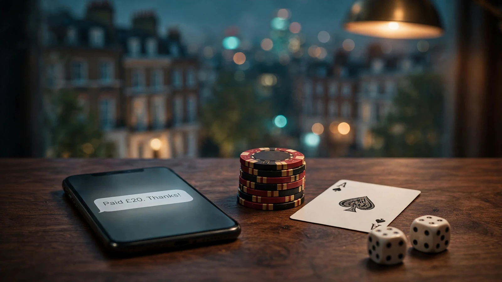 Smartphone with SMS notification next to casino chips and a card on a dark table, London night bokeh behind