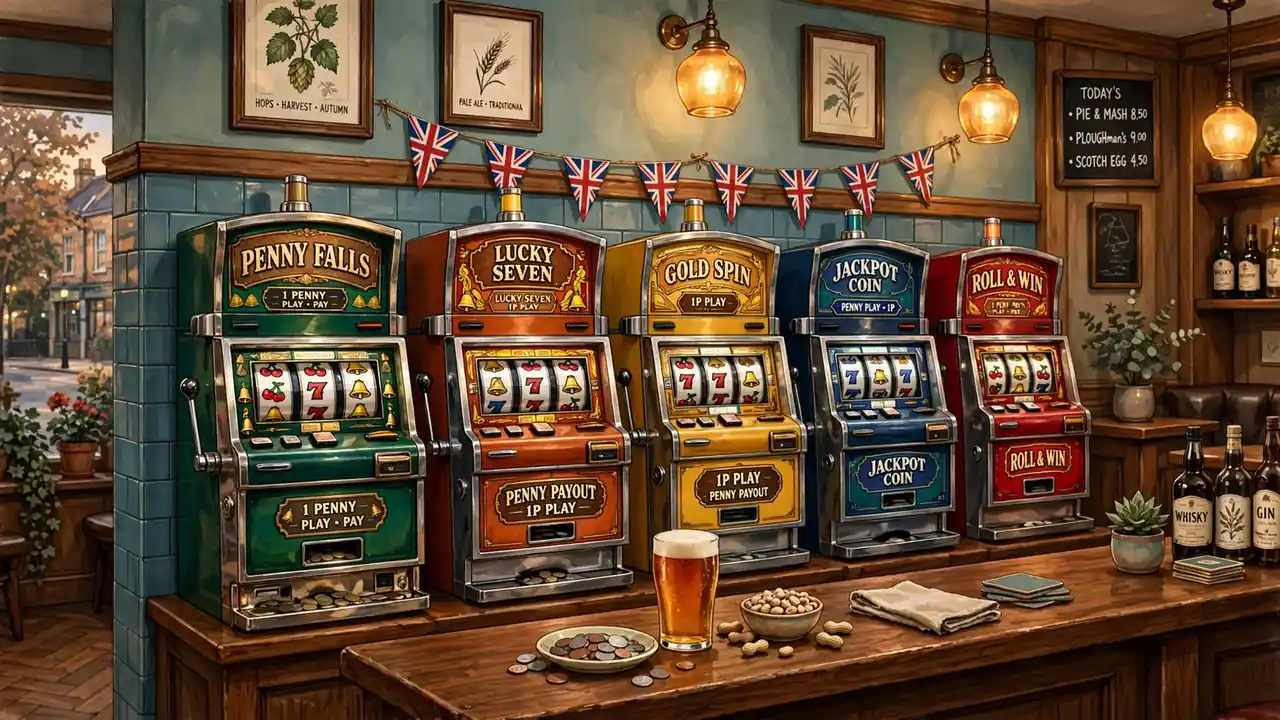 British pub interior with a row of penny slot cabinets, pint of ale on the bar.