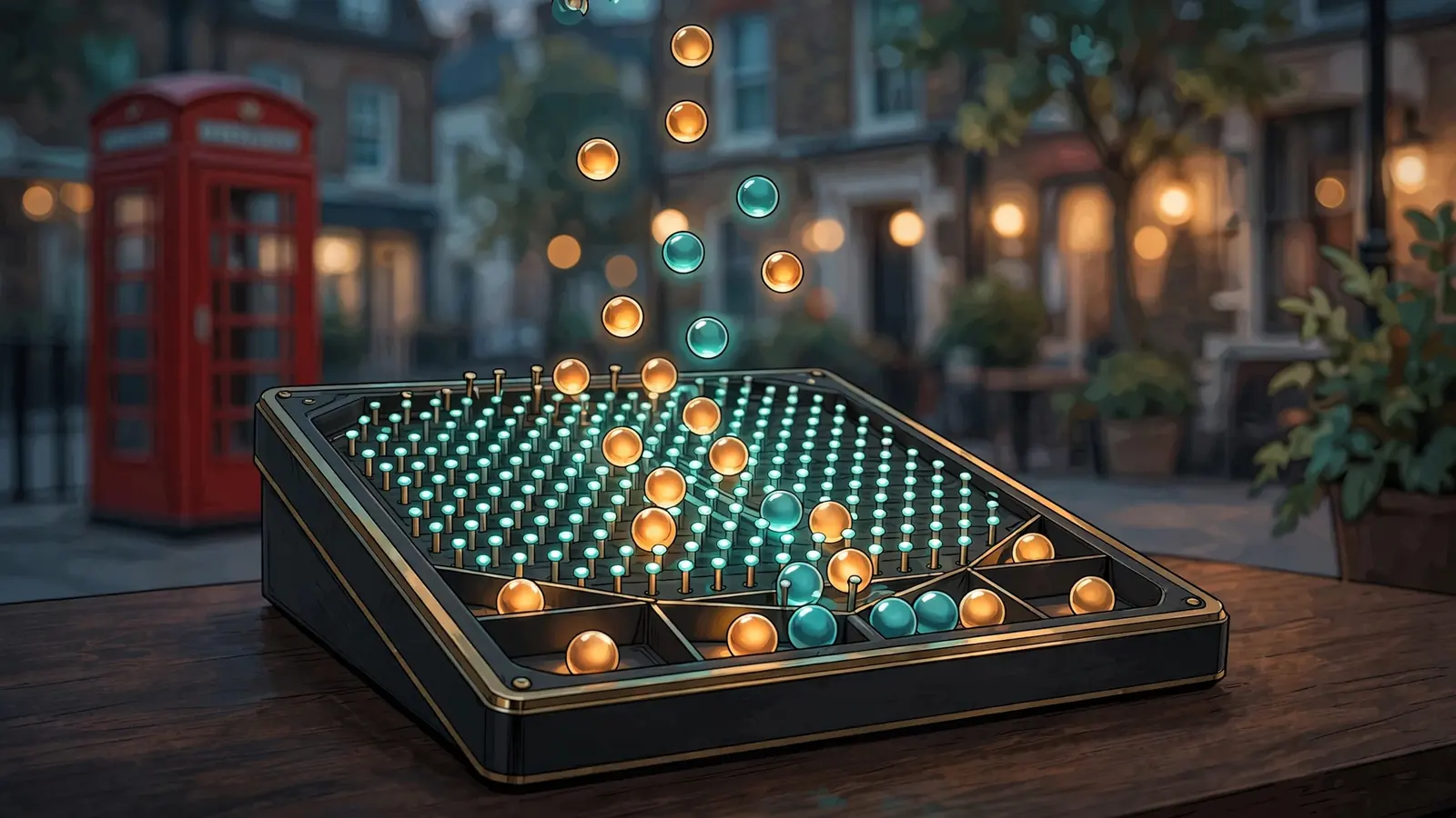 Glowing Plinko board with cascading balls on a dark surface, British atmosphere.