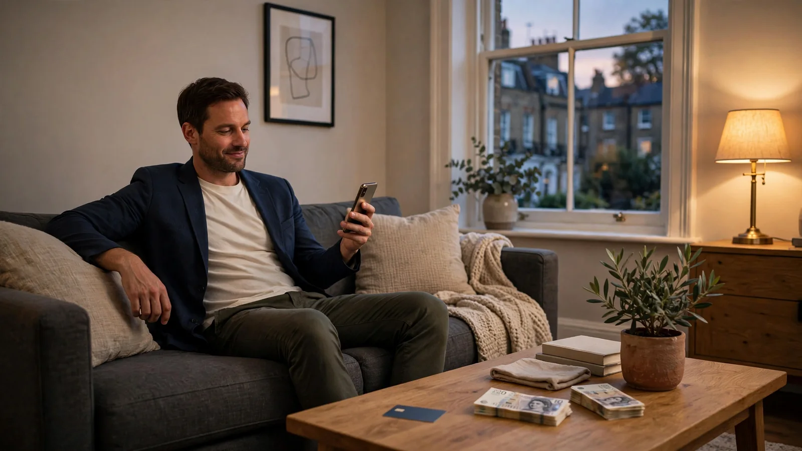 Person relaxing on sofa with smartphone after quick casino withdrawal in London flat