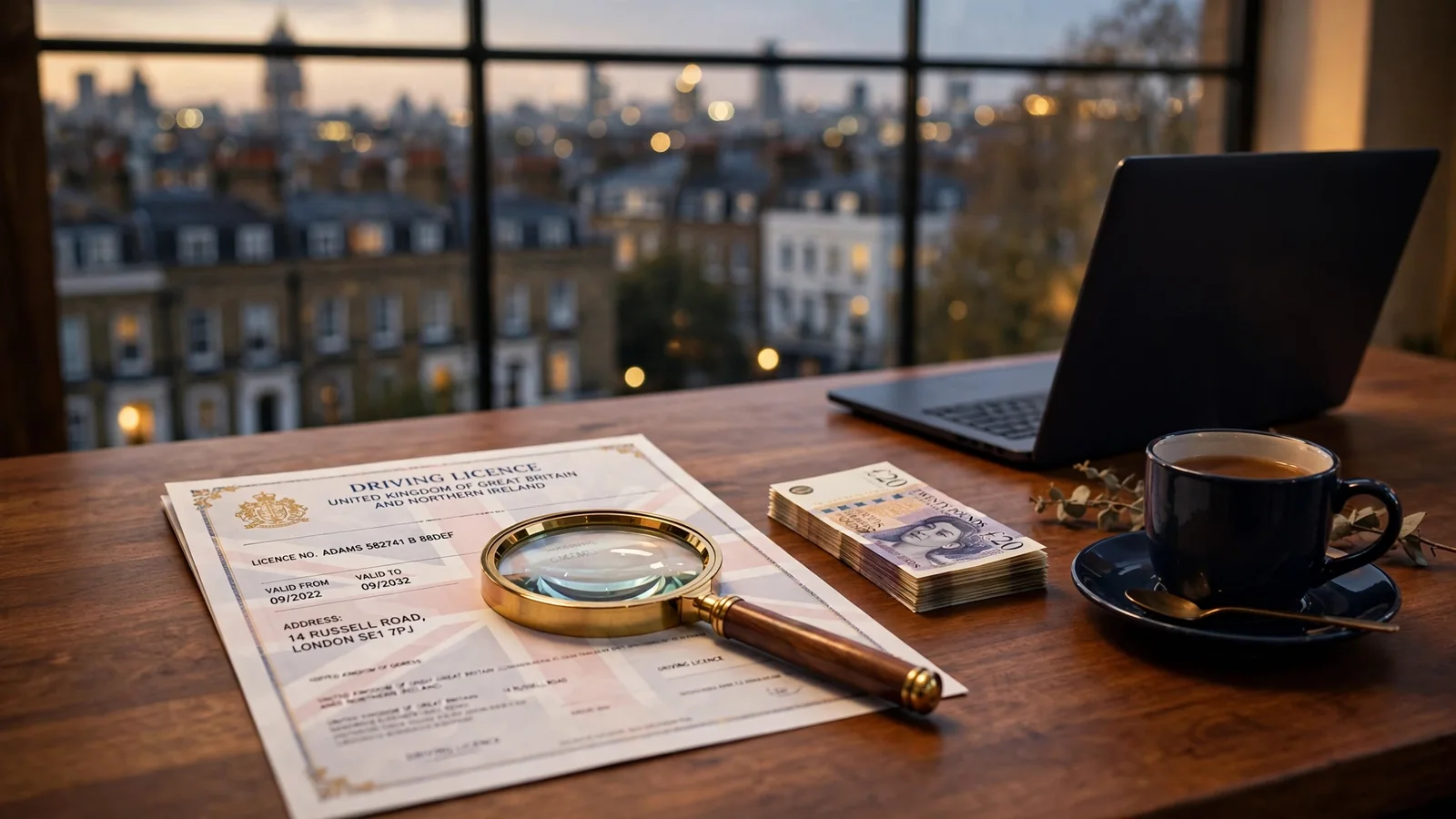 Magnifying glass inspecting a UK casino licence document on a desk with London skyline at dusk.