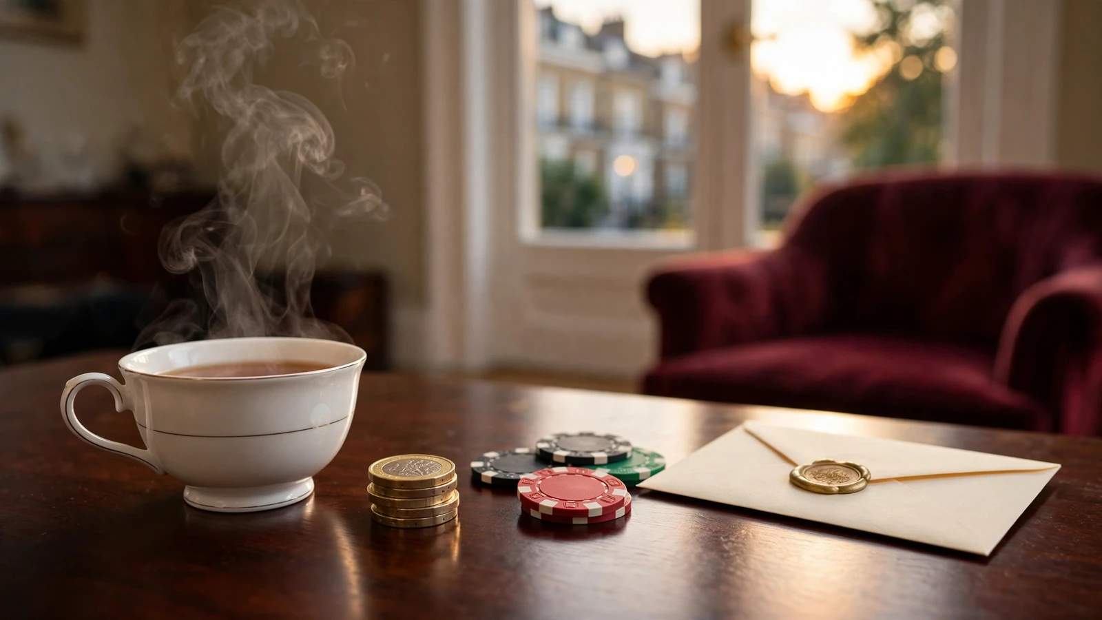 British still life with teacup, pound coins, casino chips and sealed envelope on a mahogany desk