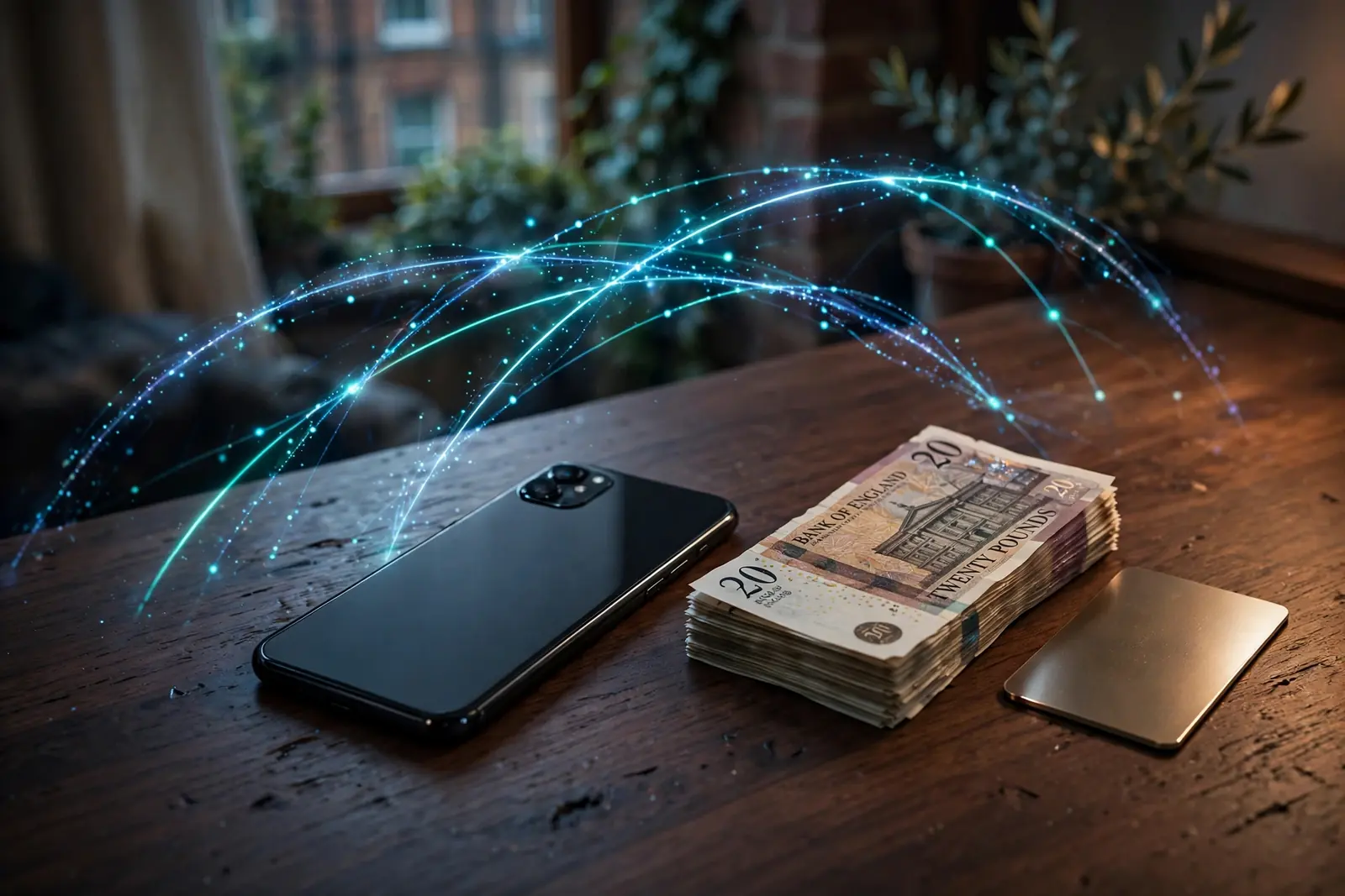 Smartphone with glowing digital payment lines beside British pounds on a desk