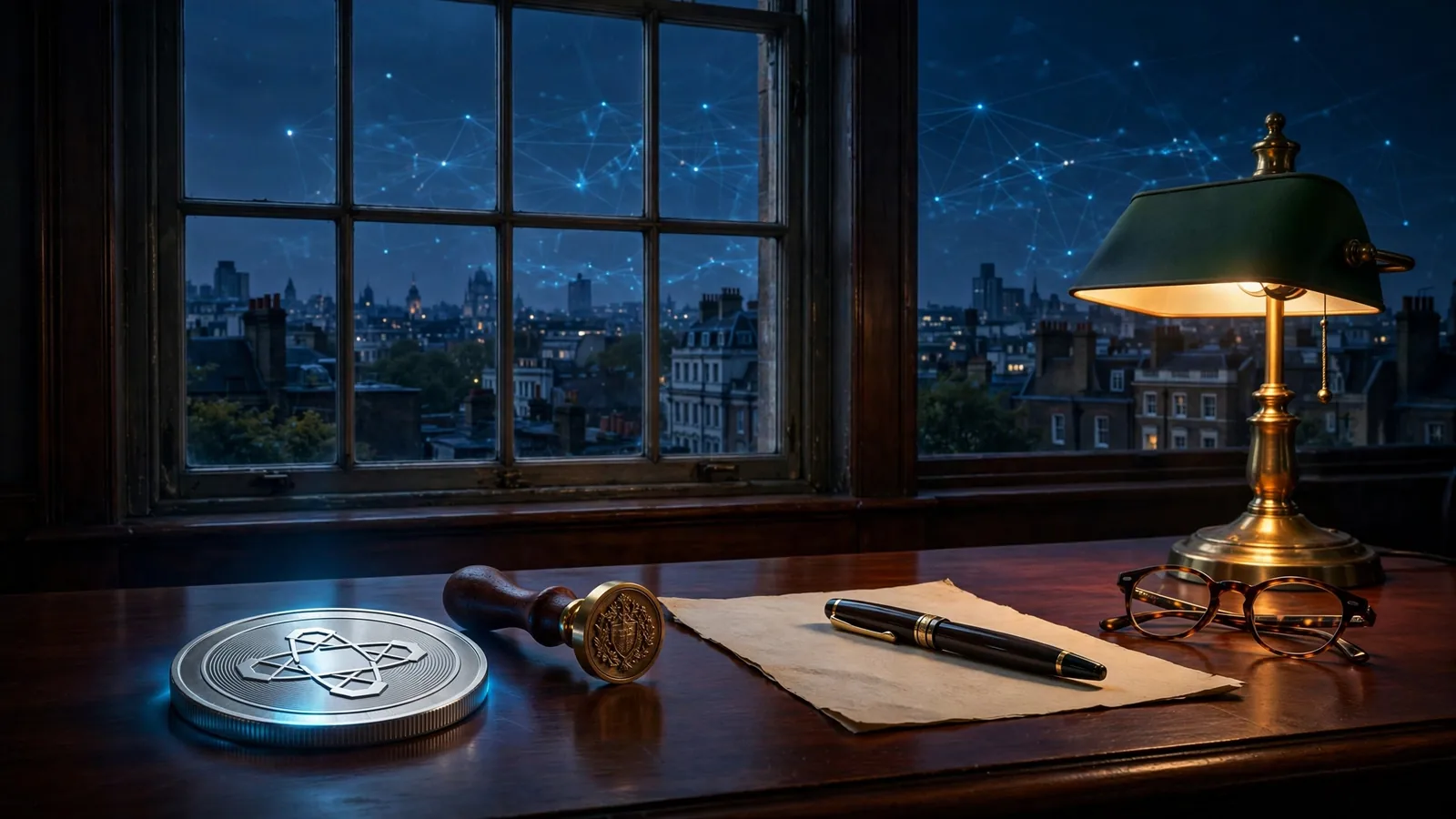 Silver crypto coin on mahogany desk with brass seal, London skyline through window at dusk