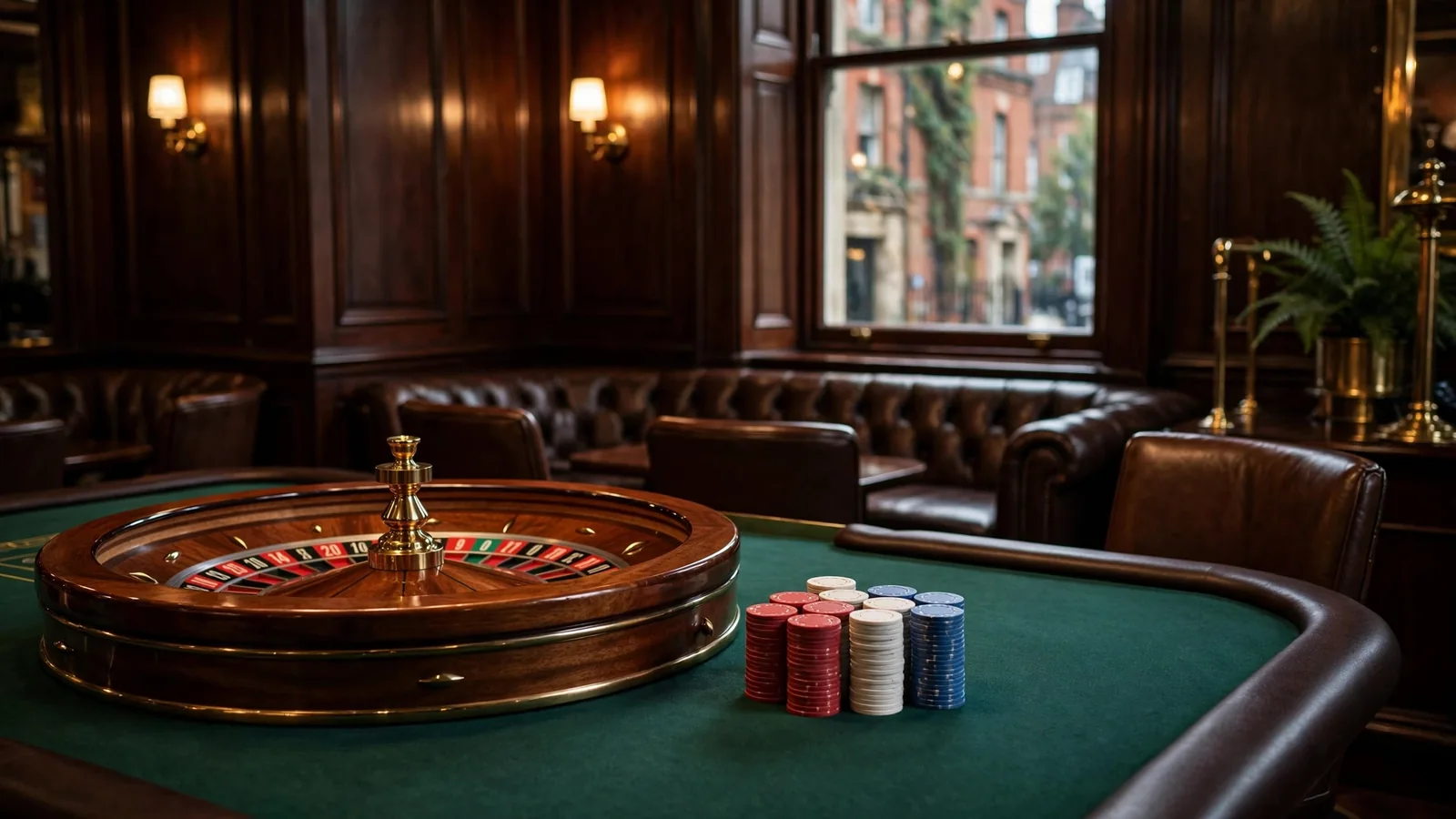 Elegant British casino interior with a roulette wheel and stacked chips.
