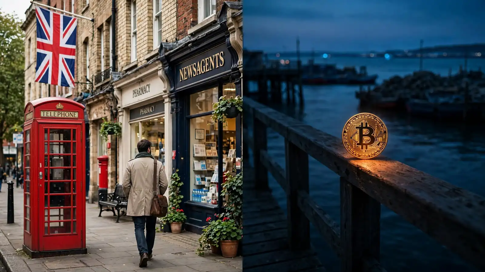 Split scene of regulated UK street and offshore pier with Bitcoin token