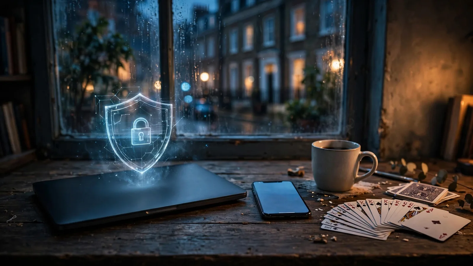 Closed laptop, phone and playing cards on a London desk at night