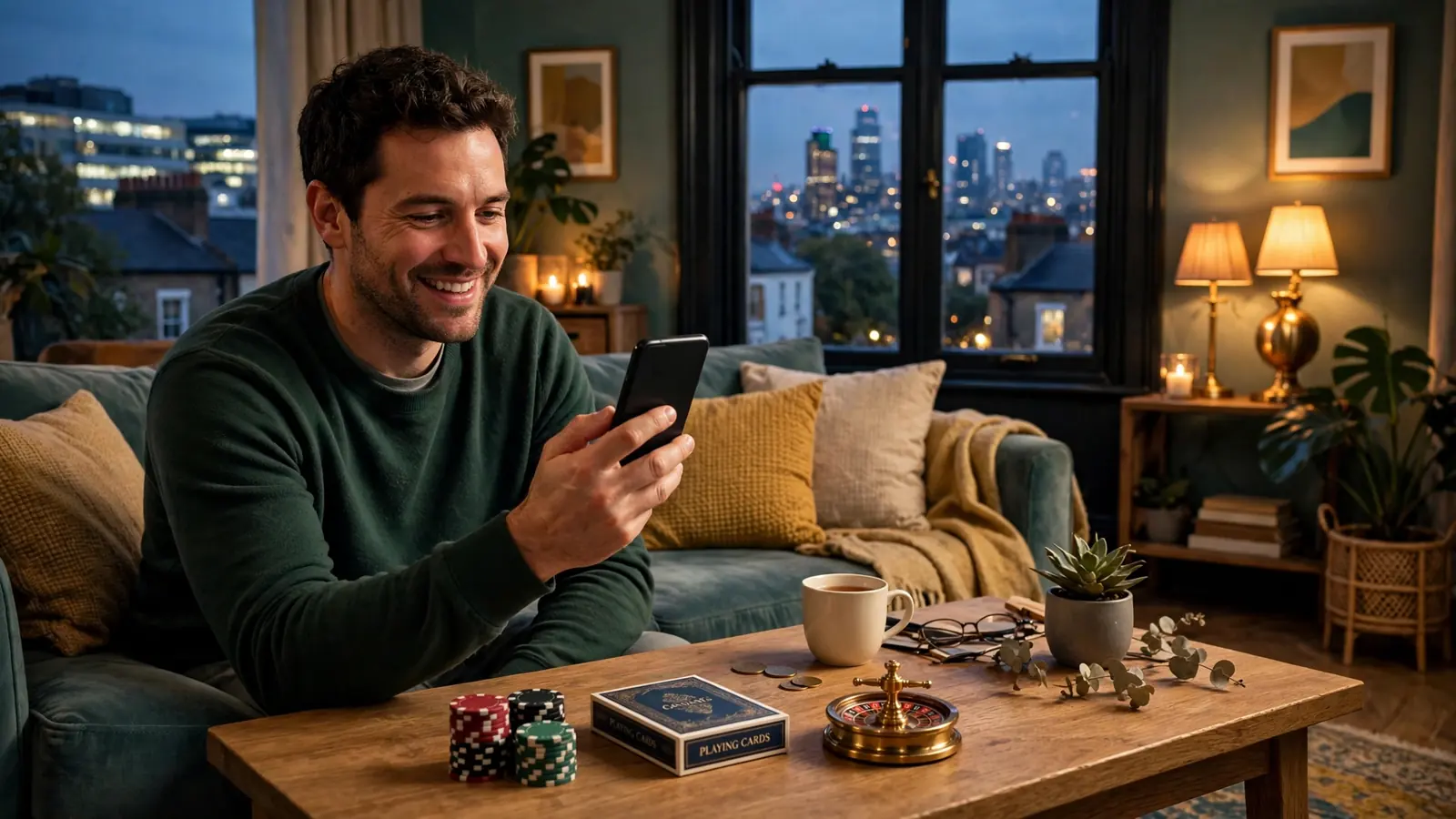 Person in a UK home checking a welcome bonus notification on a smartphone near casino-themed items
